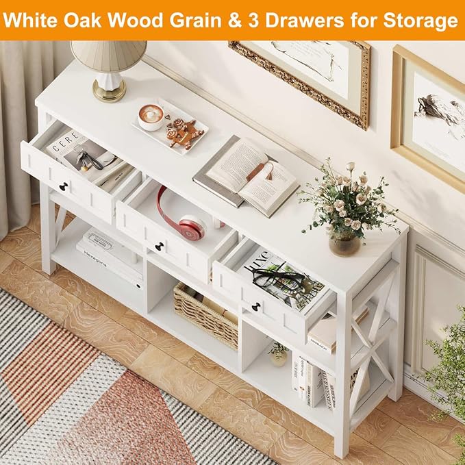 FATORRI 6 Cube Storage Bookshelf with 3 Drawers, Long Horizontal Bookcase, Modern Cubby Organizer Shelf (White Oak, 47 Inch)