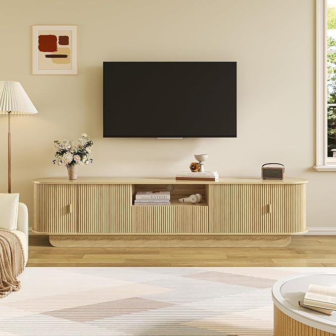 Fluted TV Stand and Coffee Table Set of 2,86.61'' TV Console for 55-85 Inch,Modern Entertainment Center with Large Storage Cabinet,Lift Top Coffee Table for Living Room, Bedroom, Natural