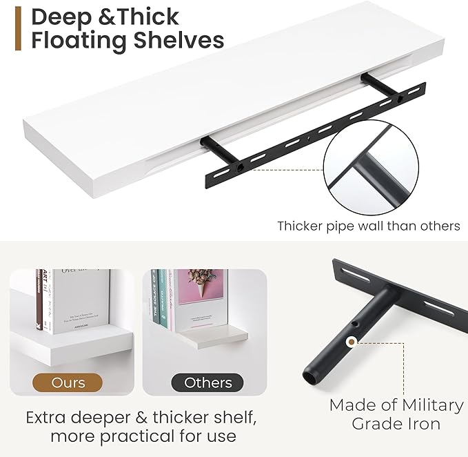 Fun Memories Farmhouse Floating Shelves - 8 Inch Deep Rustic Wood Wall Shelf - Premium Solid Pine Wood Storage Shelf for Kitchen Living Room Bedroom - 30" W x 8" D - Set of 2 - White