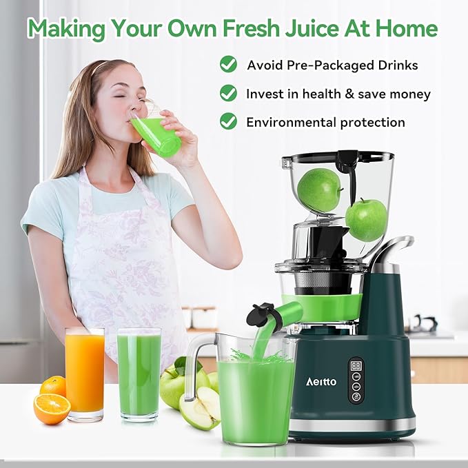 Cold Press Juicer,Aeitto Slow Masticating Juicer with Wide & Dual Feed Chute for Vegetables and Fruits, High Juice Yield, Self Feeding for Juice Extractor, BPA-Free, Dark Green