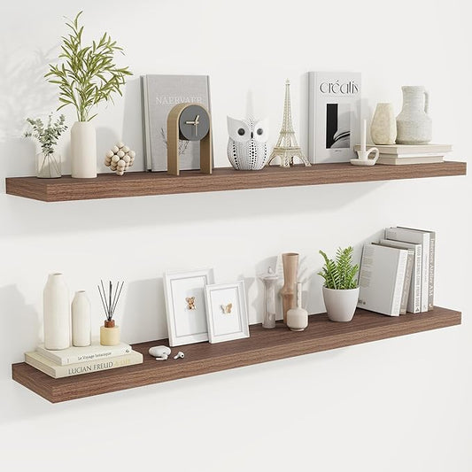 Fun Memories 55 Inch Fireplace Mantel Shelf -Long Floating Shelves, Deep Wall Mounted Farmhouse Display Shelves with Invisible Heavy Duty Metal Bracket, Walnut, 2 Pack