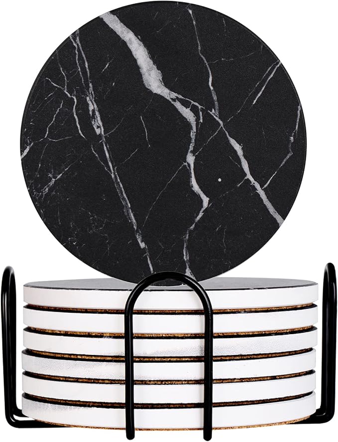 Drink Coasters with Holder Absorbent Ceramic Coasters Set of 6 Black Marble Style, 4 Inches Suitable for Kinds of Cups and Outdoor Picnic