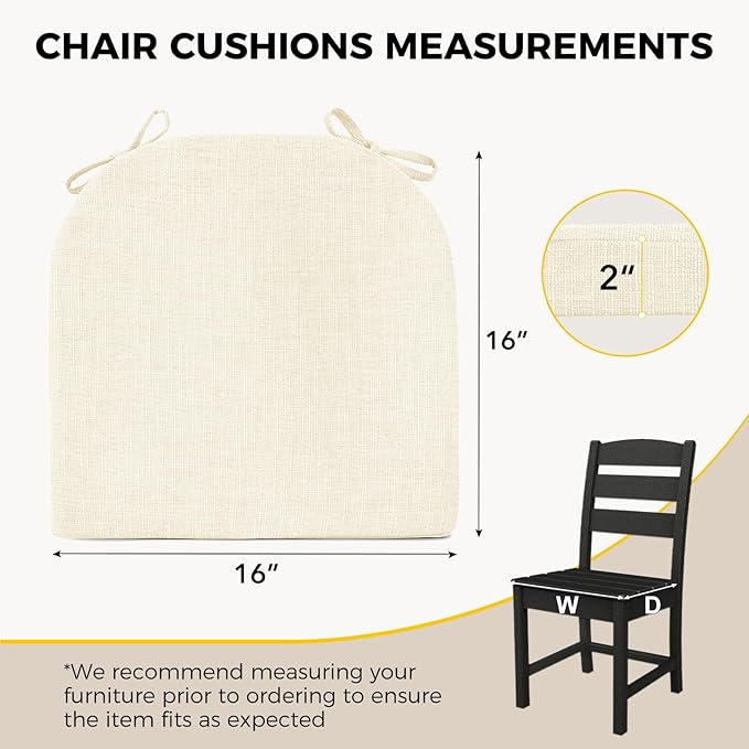downluxe Indoor Chair Cushions for Dining Chairs, Foam Kitchen Chair Pads with Ties and Non-Slip Backing, 16" x 16" x 2", Beige, 6 Pack