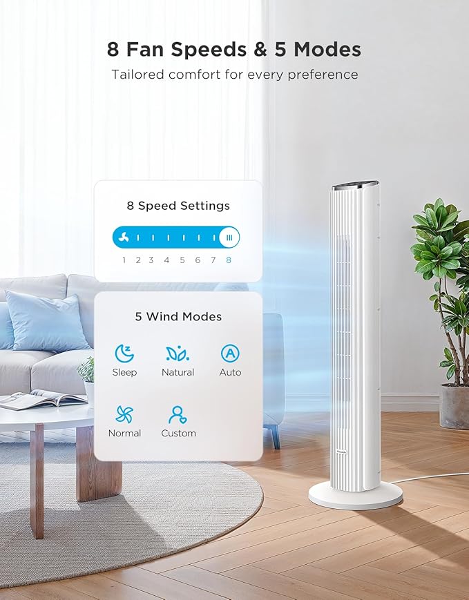 GoveeLife White Tower Fan for Bedroom, 36" Smart Floor Fan with App/Voice Control, Temperature Sensor, 5 Modes 8 Speeds(25ft/s), 29dB Quiet Oscillating Fan for Office, 24H Timer, Auto Cooling