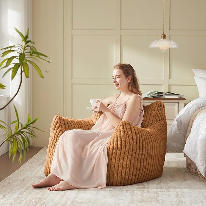 Giant Bean Bag Chairs for Adults Teens, Large Bean Bag Sofa Chairs with Filling Comfy Fuzzy BeanBag Chair with Armrests for Bedroom Living Room Reading (Brown, Medium)