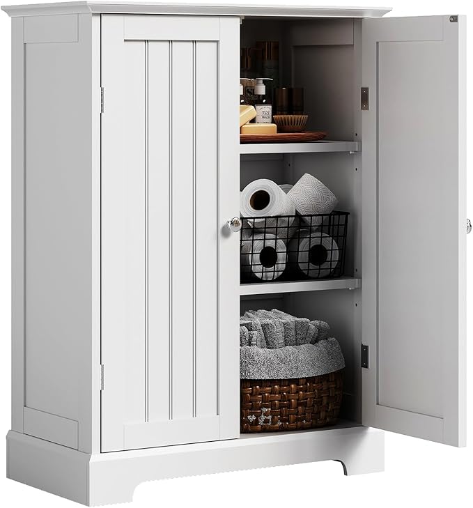 ChooChoo Bathroom Floor Cabinet, Modern Bathroom Storage Cabinet with 2 Doors and Adjustable Shelves, Freestanding Cupboard for Living Room, White
