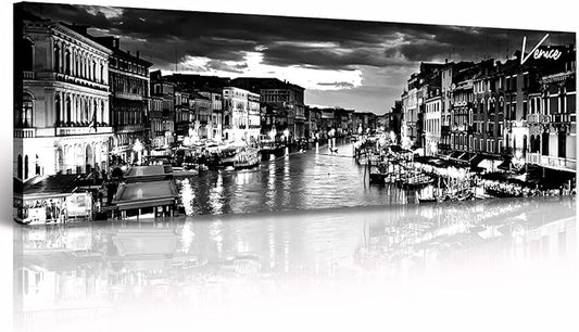 DJSYLIFE Venice Skyline Wall Art Black and White Italy Cityscape Canvas Print Painting Buildings Grand Canal Landscape Pictures Modern Artwork for Man Room Office Living Room Decoration 13.8"x47.3"