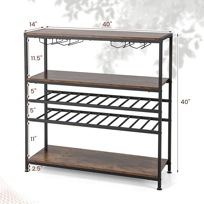 GOFLAME Industrial Wine Rack Table, Wine Bar Cabinet with 2-Tier Wine Rack, 4 Row Glass Holder and Storage Shelves, Freestanding Floor Liquor Storage Stand for Kitchen, Dining Room, Rustic Brown