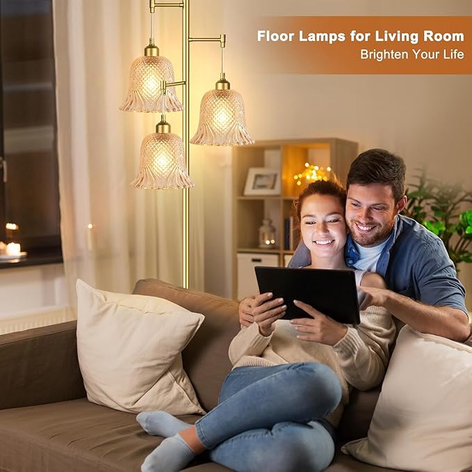 Gold Floor Lamp for Living Room,Bedroom,Tree 3 Light Standing Lamp Mid Century Modern Brass Tall Floor Lamps Vintage Retro Floor Lights Glass Green Flower Lamp Shade Farmhouse Boho Bohemian