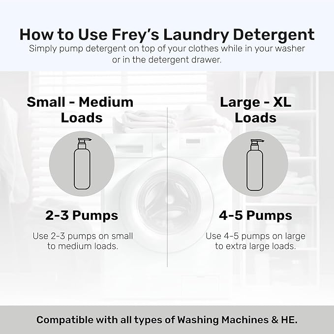 FREY Concentrated Liquid Laundry Detergent | Formulated for Sensitive Skin & HE Washers | Removes Stains Effectively | 50 Loads per Bottle (2-pack Unscented)