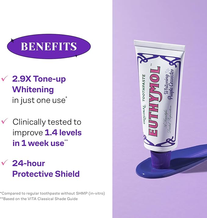 Euthymol Purple Whitening Toothpaste (3.7 fl oz) – for Yellow & Sensitive Teeth | Violet Tone-Up Formula, Instantly Brightens, 24H Stain Defense, Long-Lasting Fresh Breath