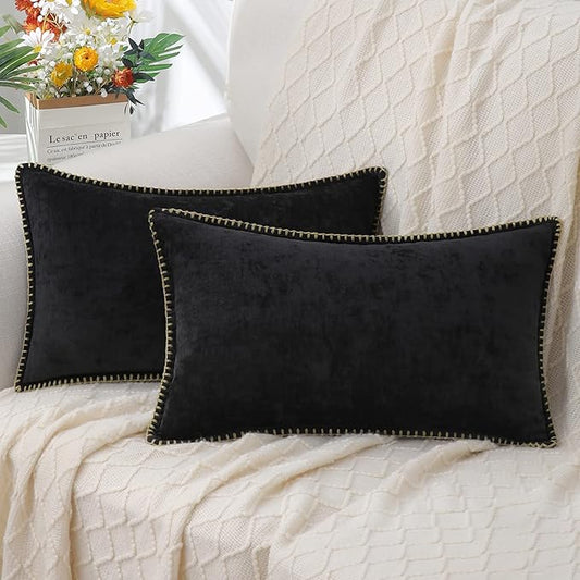 decorUhome Chenille Soft Throw Pillow Covers 12x20 Set of 2, Lumbar Velvet Farmhouse Neutral Decorative Euro Pillow Covers with Stitched Edge for Couch Sofa Bed Home Decor, Black