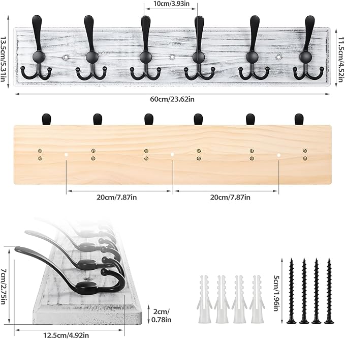 Coat Rack Wall Mount, Wooden Heavy Duty Coat Rack for Wall,6 Triple Coat Hanger Hooks for Hanging Coats,Jacket,Hat,Clothes (Grey White, 6 Hooks)