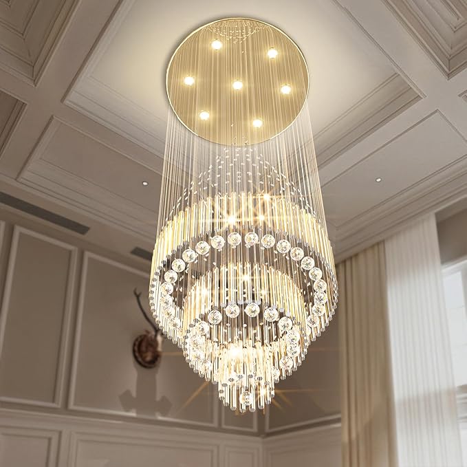 Flashing God D24''XH86'' Modern Foyer Chandelier for High Ceiling Raindrop Crystal Chandelier High Ceiling Pendant Light Fixture for Hallway Living Room (Gold Staircase Chandeliers)