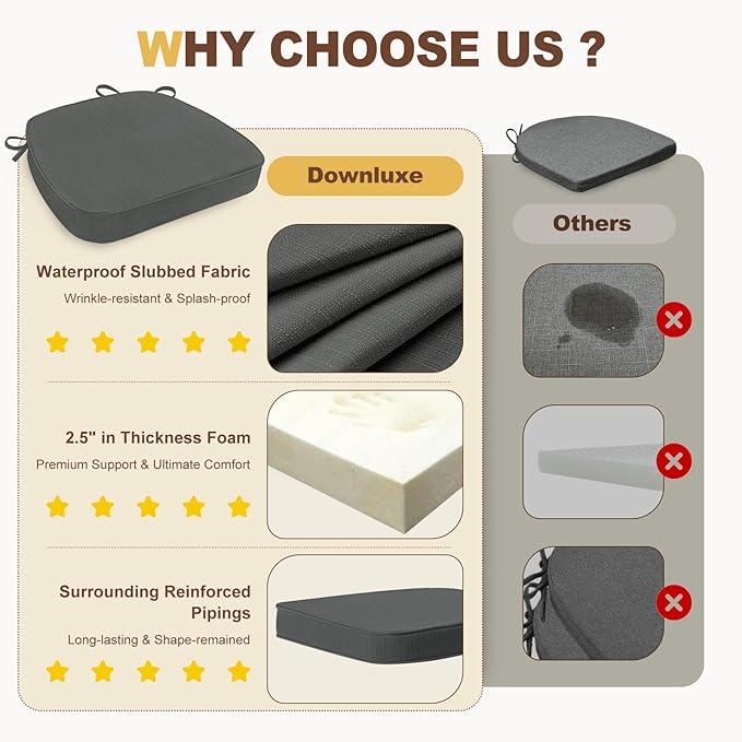 downluxe Chair Cushions for Dining Chairs, Waterproof Kitchen Chair Pads, Non-Slip Dining Seat Cushion with Ties, 17" x 16" x 2.5", Dark Grey, 6 Pack