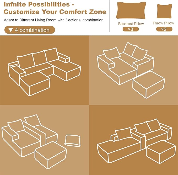 108" Sectional Couches for Living Room Modern Modular Sofa with L-Shape Couchs Upholstered Boneless Couch Deep Seat Sectional Couch with Chaise (Grey, Right Facing Chaise+2Seaters+1Ottoman)