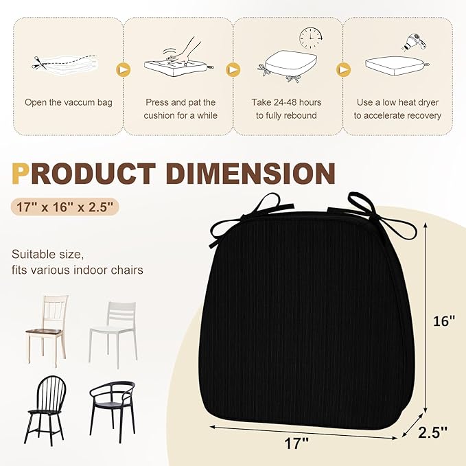 downluxe Chair Cushions for Dining Chairs, Waterproof Kitchen Chair Pads, Non-Slip Dining Seat Cushion with Ties, 17" x 16" x 2.5", Black, 6 Pack