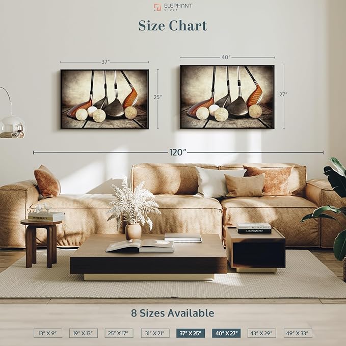 Elephant Stock Golf Sets Wall Art - Horizontal Framed Canvas - 1-Piece Mancave Wall Decor - Photography Sports Canvas Print - Yellow and Brown Decor for Wall - 37" X 25"