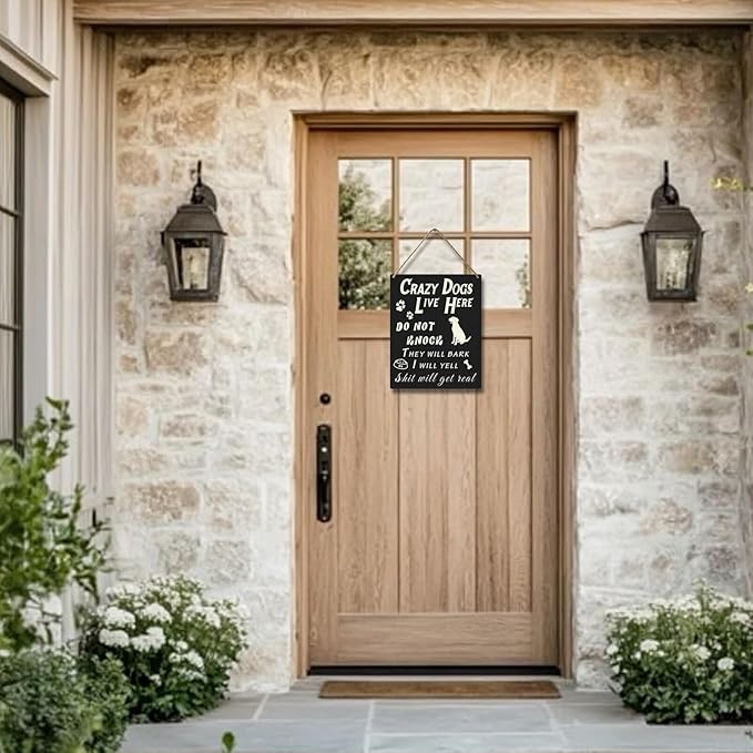 Do Not Knock or Ring Doorbell Sign for Front Door, Funny Dog Owner Warning Crazy Dogs Live Here Do Not Knock They Will Bark I Will Yell Wooden Signs, No Disturb Door Decor for Pet Lovers 10x8 Inch