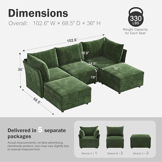 102.6" U Shaped Modular Sectional Sofa, 5 Seater Couch with Storage Ottoman Deep Seat and High Backrest with Removable Cover for Living Room, Apartment - Chenille Green
