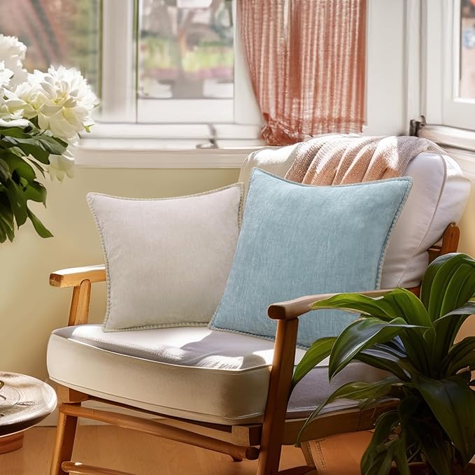 decorUhome Chenille Soft Throw Pillow Covers 20x20 Set of 2, Farmhouse Velvet Neutral Decorative Euro Pillow Covers with Stitched Edge for Couch Sofa Bed Home Decor, Aqua Haze