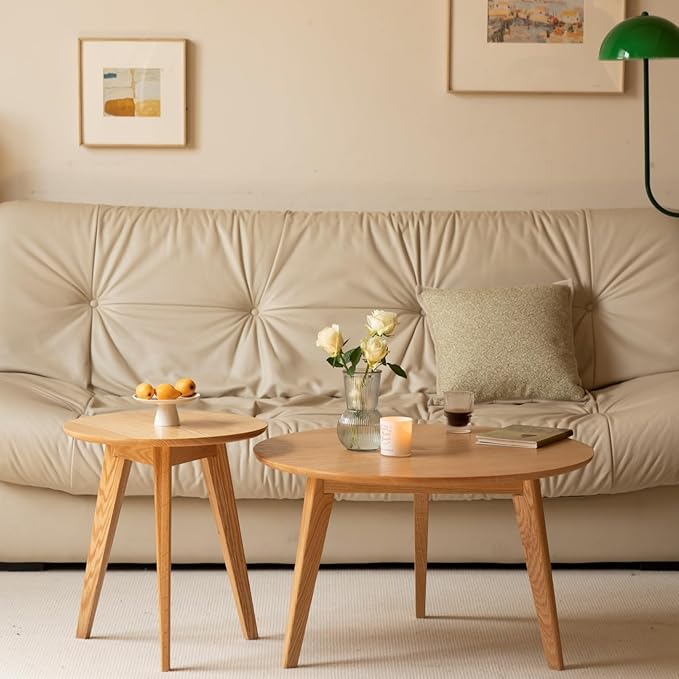 100% Solid Oak Wood Coffee Table Set, Round Coffee Table Combo Side Table w/Solid Wood Legs, Mid Century Table Sturdy Tables for Bedroom Balcony Living Room (Natural, 3 Pieces)