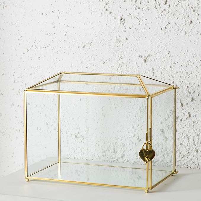Glass Wedding Card Box with Slot, Large Clear Card Box 10.2 inch Gold Brass Gift Card Storage Box with Lock for Wedding Receptions, Baby Shower, Birthday Party, Bridal Shower