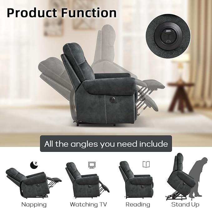 EBELLO Electric Power Recliner Chair with Massage and Heat, Soft Fabric Massage Recliner for Adults, Overstuffed Single Reclining Sofa, Vintage Rivet Mid-Century Design for Living Room, Grey