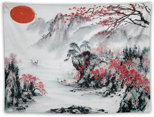 Cherry Blossoms Tapestry,Japanese Red Landscape Asian Watercolor Abstract Art Tapestry, Asian Japanese Wall Tapestry, Nature Landscape Tapestries for Bedroom Living Room Decor 80"x60"