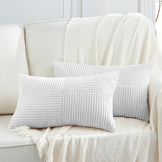 Fancy Homi 2 Packs White Lumbar Decorative Throw Pillow Covers 12x20 Inch for Living Room Couch Bed Sofa, Rustic Farmhouse Boho Home Decor, Soft Striped Corduroy Rectangle Accent Cushion Case 30x50 cm