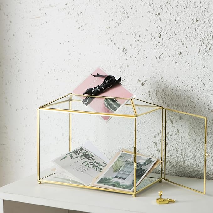 Glass Wedding Card Box with Slot, Large Clear Card Box 10.2 inch Gold Brass Gift Card Storage Box with Lock for Wedding Receptions, Baby Shower, Birthday Party, Bridal Shower