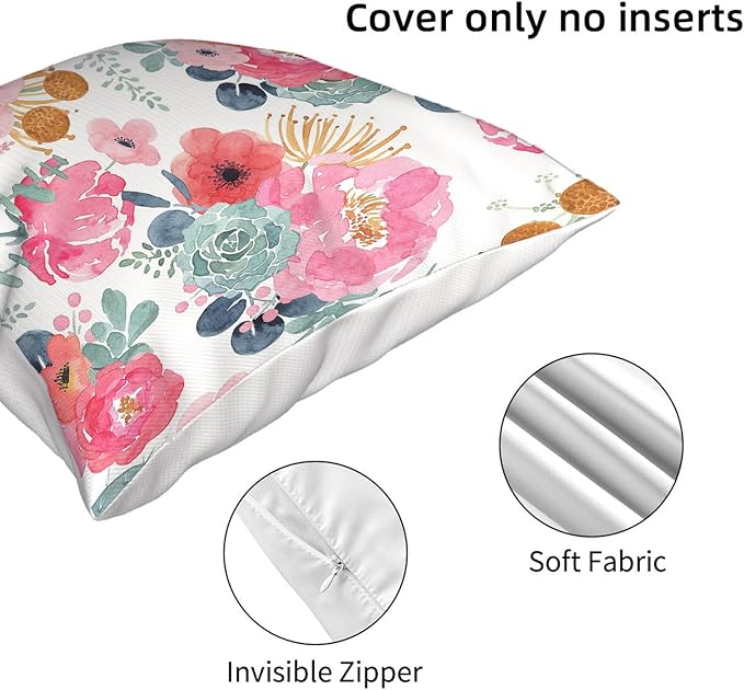 CXMEIFLY Spring Floral Pillow Covers 18 x 18 Inch Set of 2 for Watercolor Pink Flowers Decor Throw Pillows Green Leaves Plant Outdoor Decorative Cushion Cases with Zipper for Couch Bed Decorations