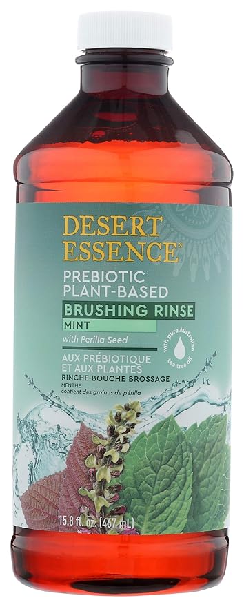 Desert Essence Prebiotic Plant-Based Brushing Rinse Mint 15.8 fl oz – Alcohol Free, No SLS, Gluten-Free, Vegan, Cruelty Free - Healthy Oral Microbiome - Tea Tree Oil, Inulin & Chicory Root