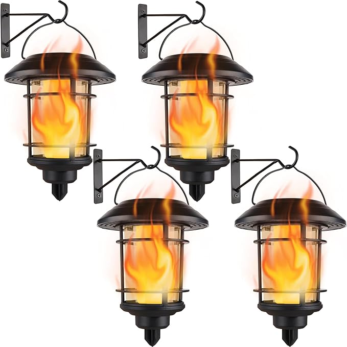 Dynaming 4 Pack Solar Flame Wall Lanterns Outdoor, Solar Powered Wall Mounted Sconce Lights, Flickering Flame LED Light Auto On/Off Hanging Lights, Waterproof for Garage Stair Patio Porch Yard