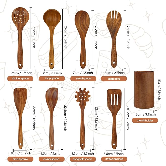 comfoyar Teak Wooden Spoons for Cooking, 9 Pieces Kitchen Cooking Utenails Set with Holder and Ladle, Heat Resistant Kitchen Cookware for Nonstick Pan