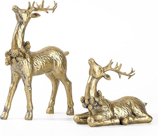 DN DECONATION 2pcs Gold Christmas Reindeer Statue, Christmas Clearance Small Resin Reindeer Figurine Indoor, Tabletop Reindeer Christmas Decor, Deer Figurine Decorations for Home