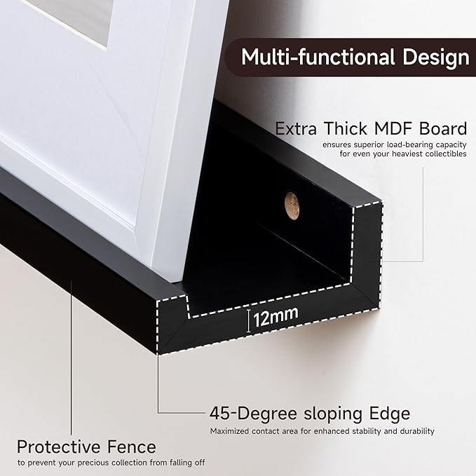 Floating Picture Ledge Shelves for Wall Set of 2, 55 Inches Picture Shelf with Ledge, Nursery Book Shelf for Toys Storage Kids Bookshelf Wall Mounted Living Room Bedroom Decor Frames, Black