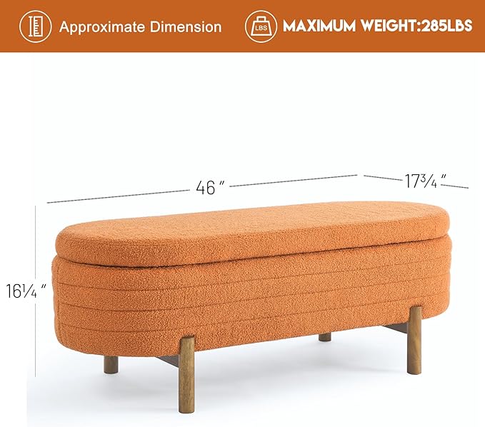 Furniliving 46” Storage Benches, End of Bed Bench with Button-Tufted Large Upholstered Storage Ottoman Teddy Window Bench with Storage Shoe Cabinet Bench, for Bedroom, Entryway, Closet, Orange