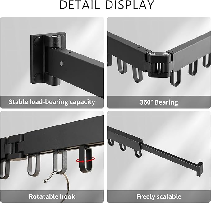 Clothes Drying Rack Wall Mounted, Laundry Drying Rack Collapsible, Space Saving Wall Drying Rack Clothing Foldable, Tri-Fold Retractable Rack Outdoor Indoor with 18 Hooks(Black，Loop-Shape Hooks)