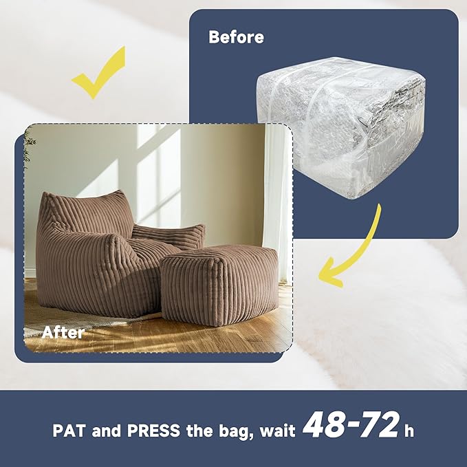 Giant Bean Bag Chairs for Adults, Oversized Chaise Lounge Chair Indoor with Memory Foam - Plush Boneless Lounger & Ottoman for Bedroom, Living Room, Gaming & Reading, Lazy Floor Sofa Chair, Khaki