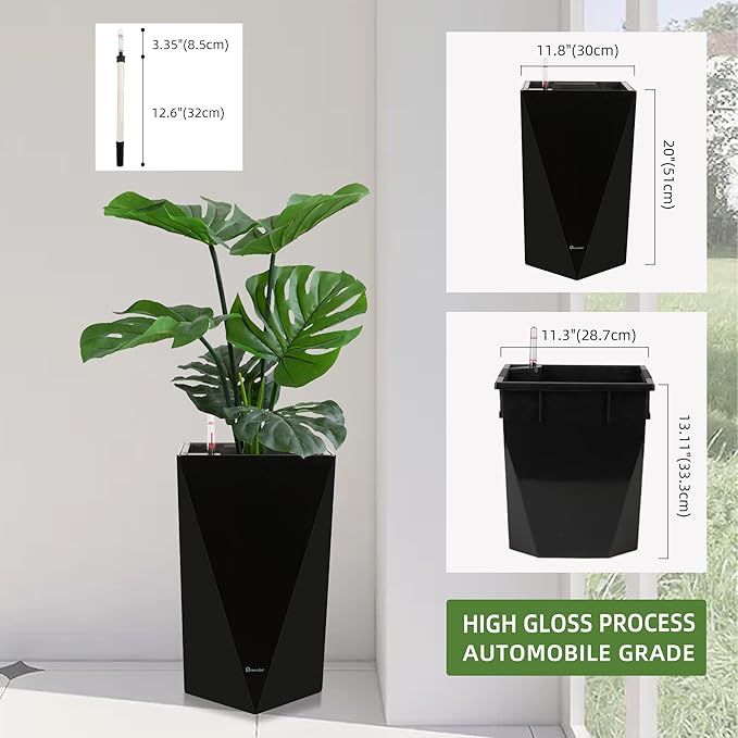Dexceder 20 Inches Tall Self Watering Planter Diamond High Gloss Indoor Outdoor, Thickened Rhombus Large Floor Standing Flower Plant Pot with Water Level Indicator (Black)