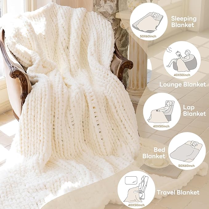 Chunky Knit Blanket - Luxury Soft Cozy 60 * 80 Throw Blanket,100% Woven Blanket Rope Knot Throw Blanket for Couch, Sofa, Home Decor, Gift - Machine Washable（Milk White）