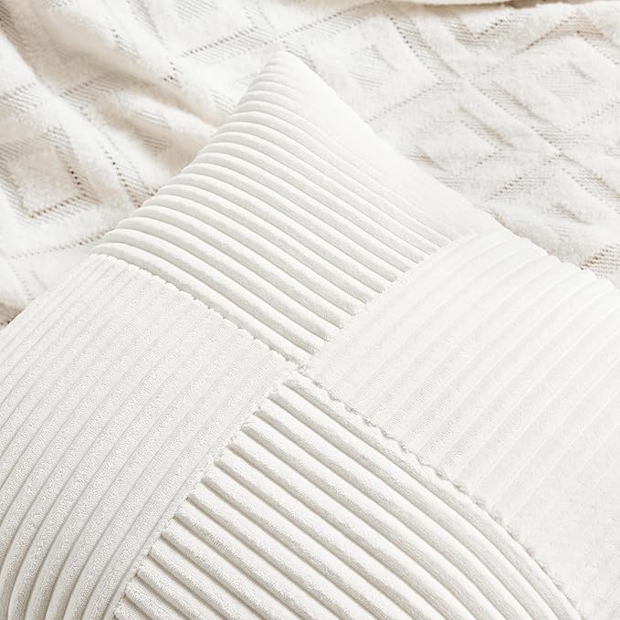 Fancy Homi 2 Packs Cream White Decorative Throw Pillow Covers 18x18 Inch for Living Room Couch Bed Sofa, Farmhouse Boho Home Decor, Soft Corss Corduroy Patchwork Textured Square Cushion Case 45x45 cm