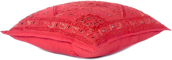Eyes of India Embroidered Decorative Boho Throw Pillow Cover with Mirrors, Handmade Bohemian Accent Cushion Case for Sofa Couch Bedroom Living Room (Red, 16" x 16")