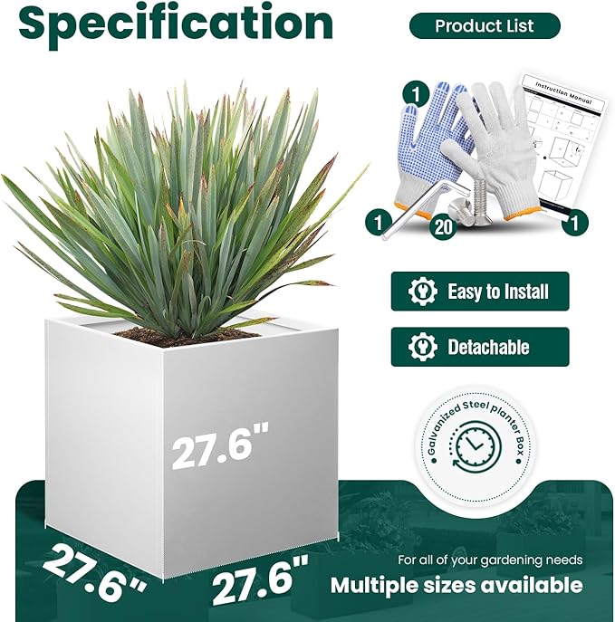 Galvanized Steel Black Planter Box Square 27.6 in Metal Large Planter Box Outdoor Indoor Huge Cube Heavy Duty Flower Pot Modern Commercial Residential for Patio, Deck, Yard, Garden