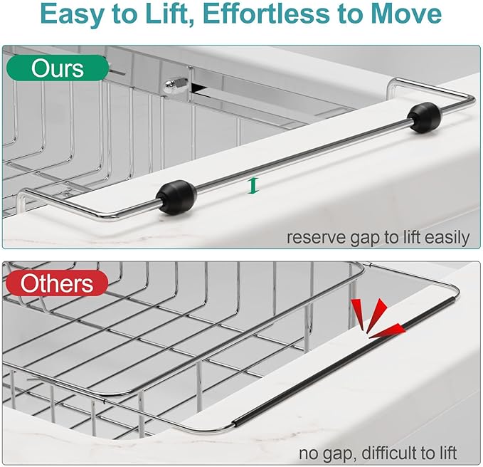 GSlife Stainless Steel Dish Drying Rack - Capacity Expandable in Sink Dish Drainer with Silicone Mat, Over Sink Dish Rack with Utensil Holder for Kitchen Counter, Large Capacity, Silver
