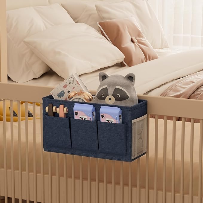 Dual-purpose Bedside Caddy Bedside Organizer, Bed Caddy with 6 Pockets, Versatile Bedside Storage Solution Magazine Remotes holder, ideal for Home, Dorm, Hospital, Crib Bed (Navy)