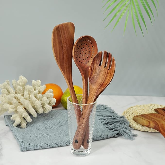 GreyWooden Kitchen Utensil Set, 6Pcs Wooden Cooking Utensils for Non-Stick Pan, 100% Natural Teak Wooden Spatula