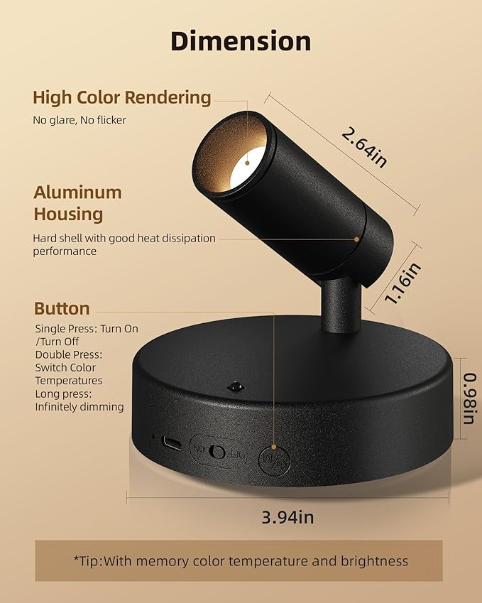 EZVALO Wireless LED Spotlights Indoor, 5500mAh Rechargeable Battery Powered Plants Spotlights Indoor, Dimmable & Timer, 3 CCT Small Up Lights with Remote, Accent Uplighting for Artwork,Tree(Black)