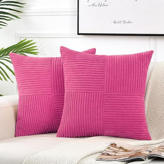 Fancy Homi 2 Packs Hot Pink Big Decorative Throw Pillow Covers 24x24 Inch for Living Room Couch Bed, Rustic Farmhouse Boho Home Decor, Soft Corss Corduroy Patchwork Accent Square Cushion Case 60x60 cm